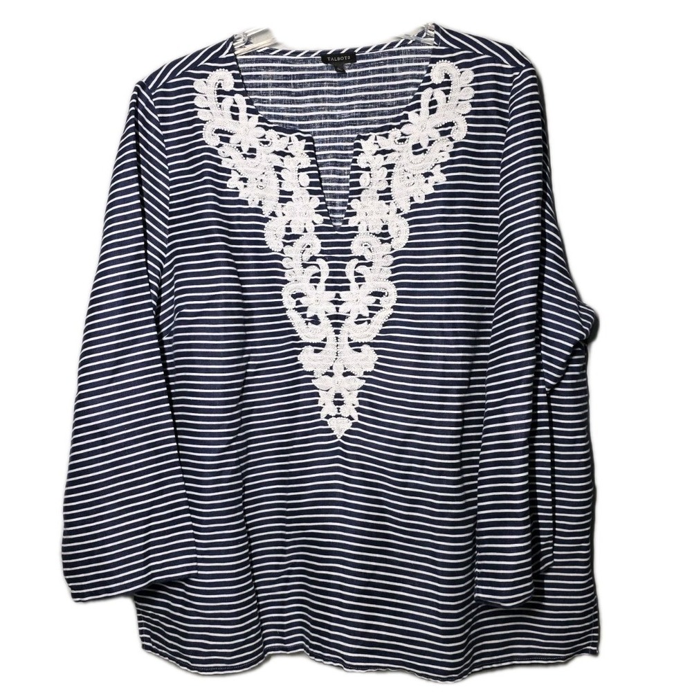 Talbots Womens XL Navy Blue White Striped 100% Linen Beaded Tunic Coastal